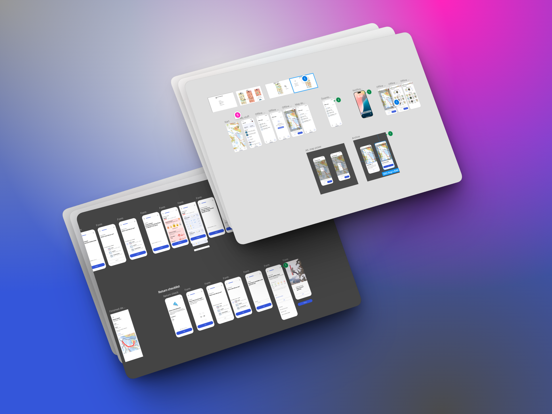 Figma boards mapping out the offline map and checklist flows early in the sprint